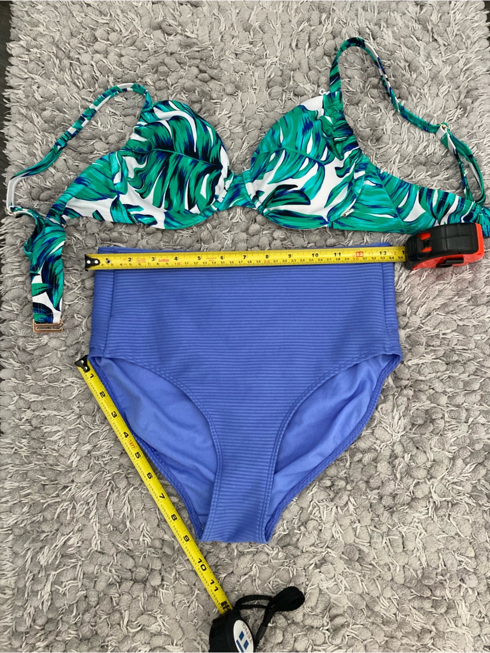 Green Leaf Print Underwire Bikini Top with Periwinkle High-Waist Bottom